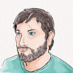 a marker drawing of a man with brown hair and bright blue eyes with a teal crew neck shirt on