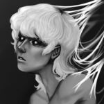 a black and white digital drawing of a character with light hair and spiderweb sticking to the back of their head